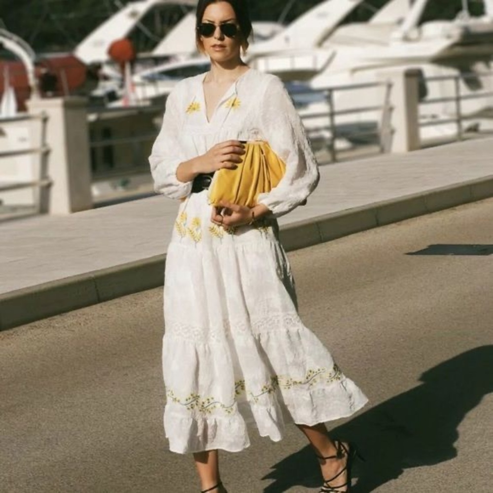 Zara White Long Sleeve Embroidered Midi Dress